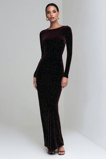 Velvet Beaded Sheath Long Sleeve Coffee Formal Dress